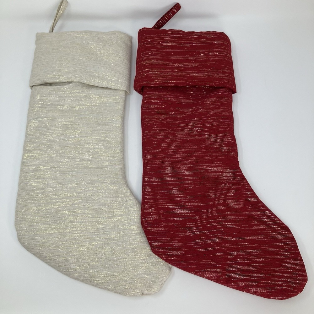 Target Christmas Stockings Set 2 Red Cream Metallic Gold Shimmer Metallic